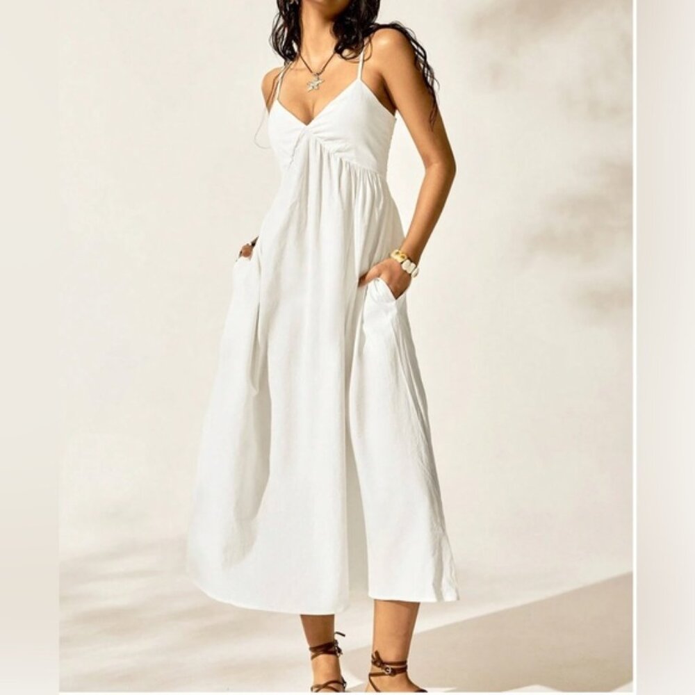 Cotton Spaghetti  Strap Looses Dress With Pockets White